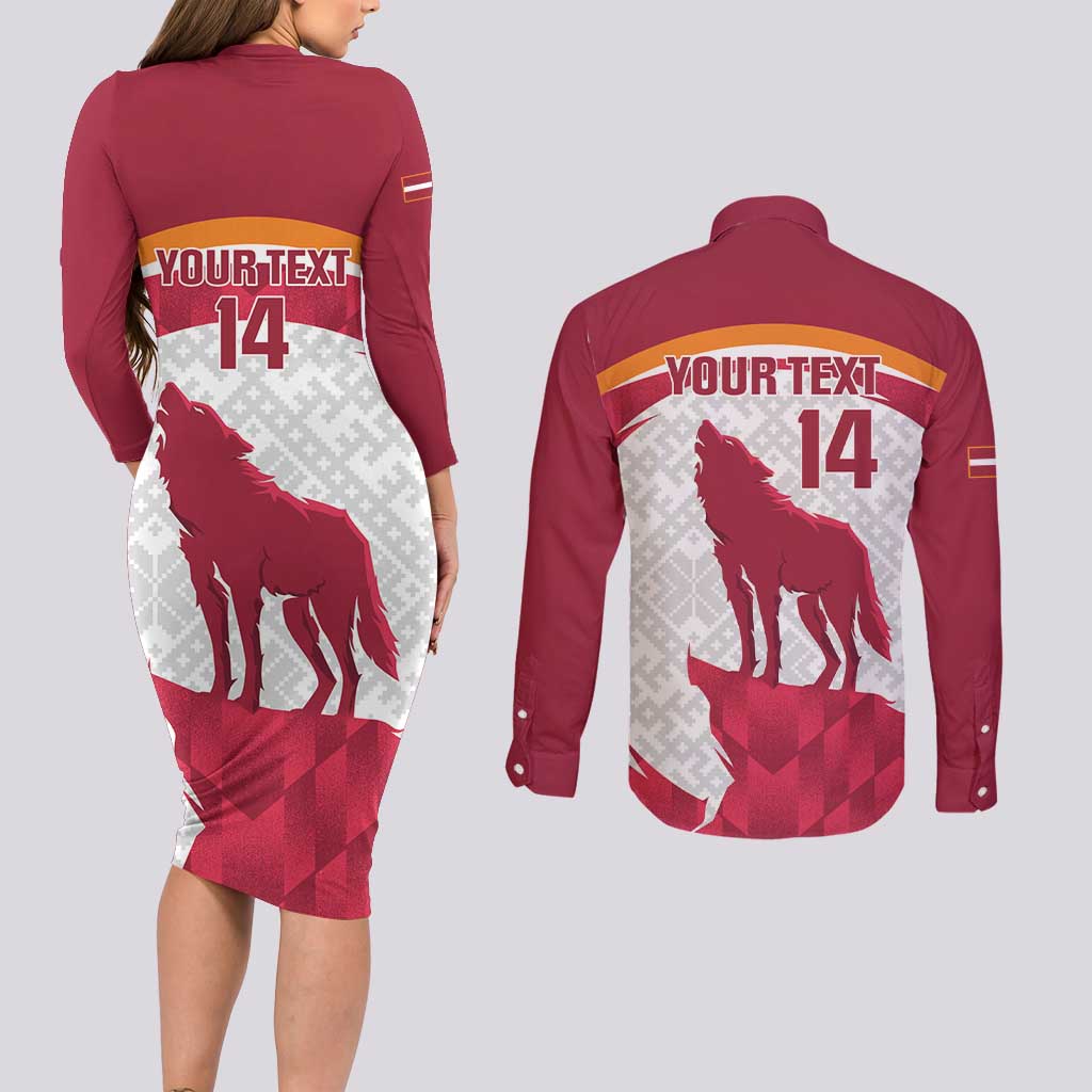 Custom Latvia Football Couples Matching Long Sleeve Bodycon Dress and Long Sleeve Button Shirt Go Wolves Latvija Folk Pattern