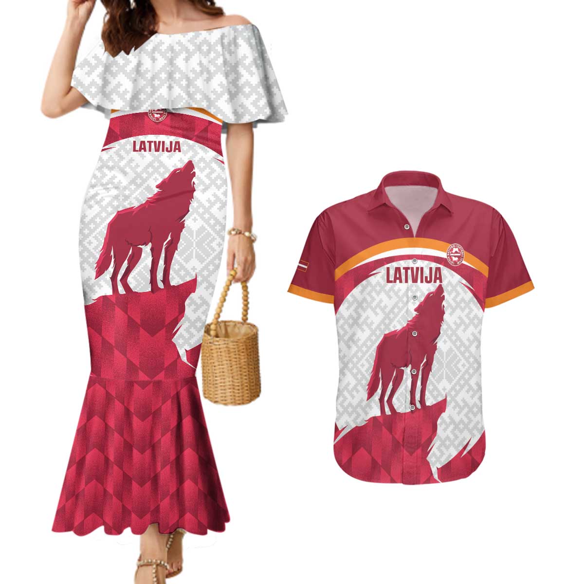 Custom Latvia Football Couples Matching Mermaid Dress and Hawaiian Shirt Go Wolves Latvija Folk Pattern