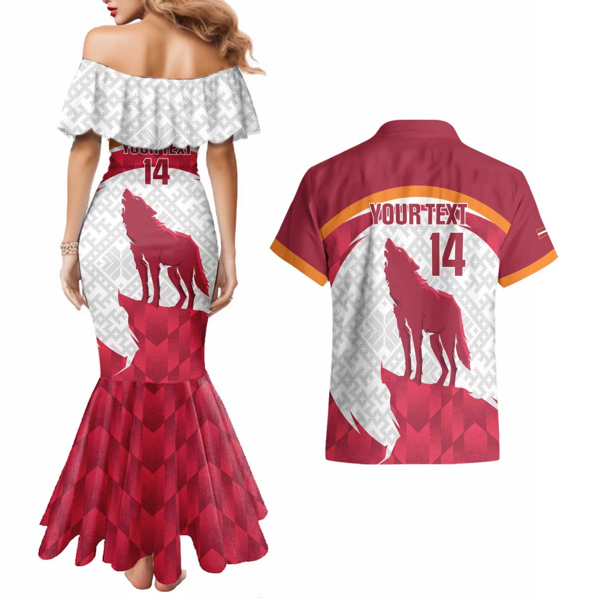 Custom Latvia Football Couples Matching Mermaid Dress and Hawaiian Shirt Go Wolves Latvija Folk Pattern