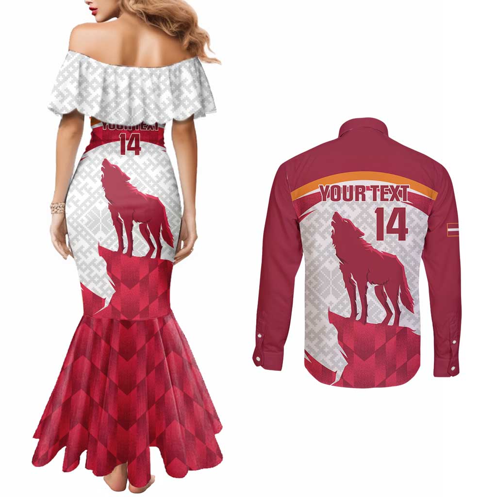 Custom Latvia Football Couples Matching Mermaid Dress and Long Sleeve Button Shirt Go Wolves Latvija Folk Pattern