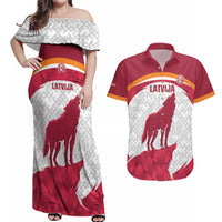 Custom Latvia Football Couples Matching Off Shoulder Maxi Dress and Hawaiian Shirt Go Wolves Latvija Folk Pattern