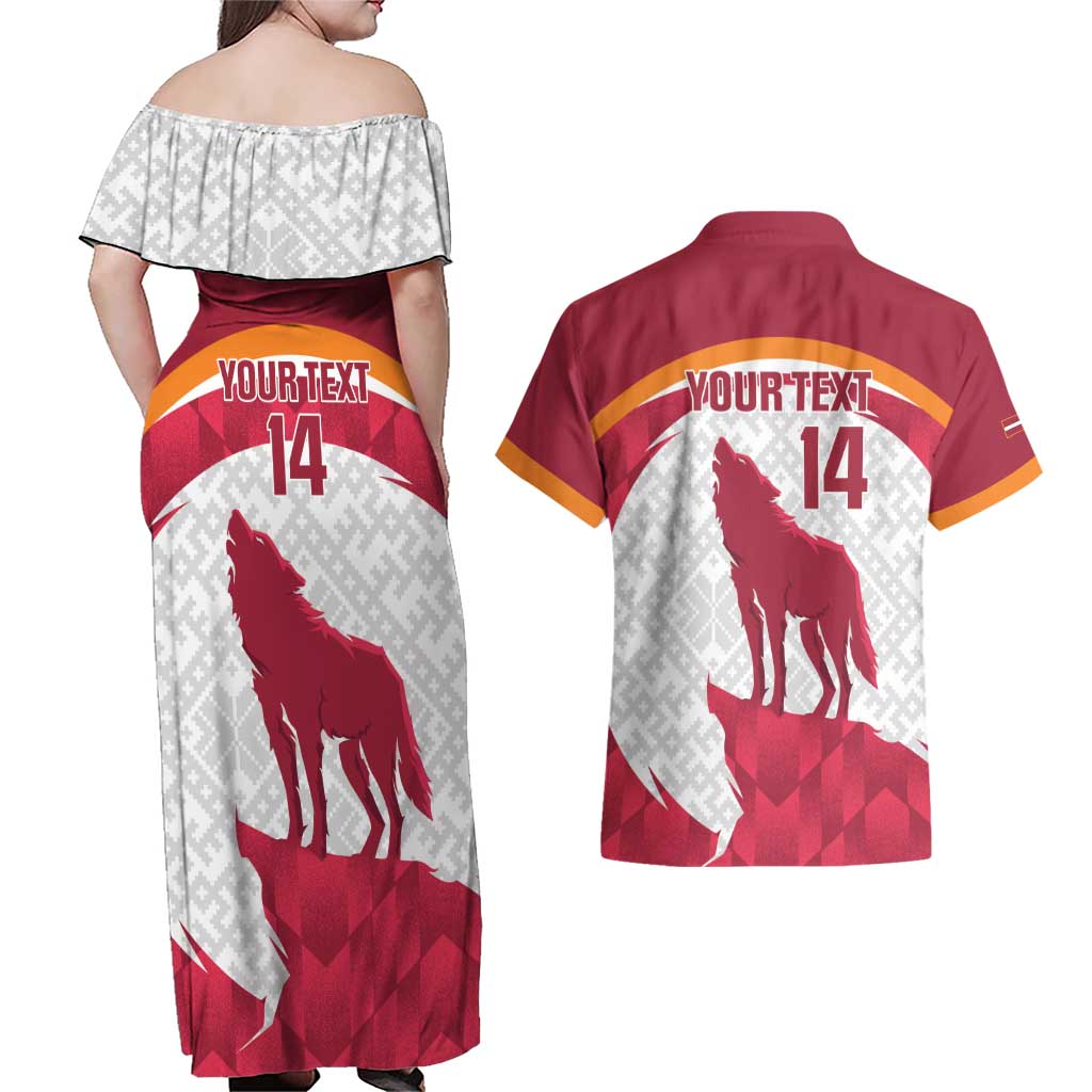 Custom Latvia Football Couples Matching Off Shoulder Maxi Dress and Hawaiian Shirt Go Wolves Latvija Folk Pattern