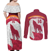 Custom Latvia Football Couples Matching Off Shoulder Maxi Dress and Long Sleeve Button Shirt Go Wolves Latvija Folk Pattern