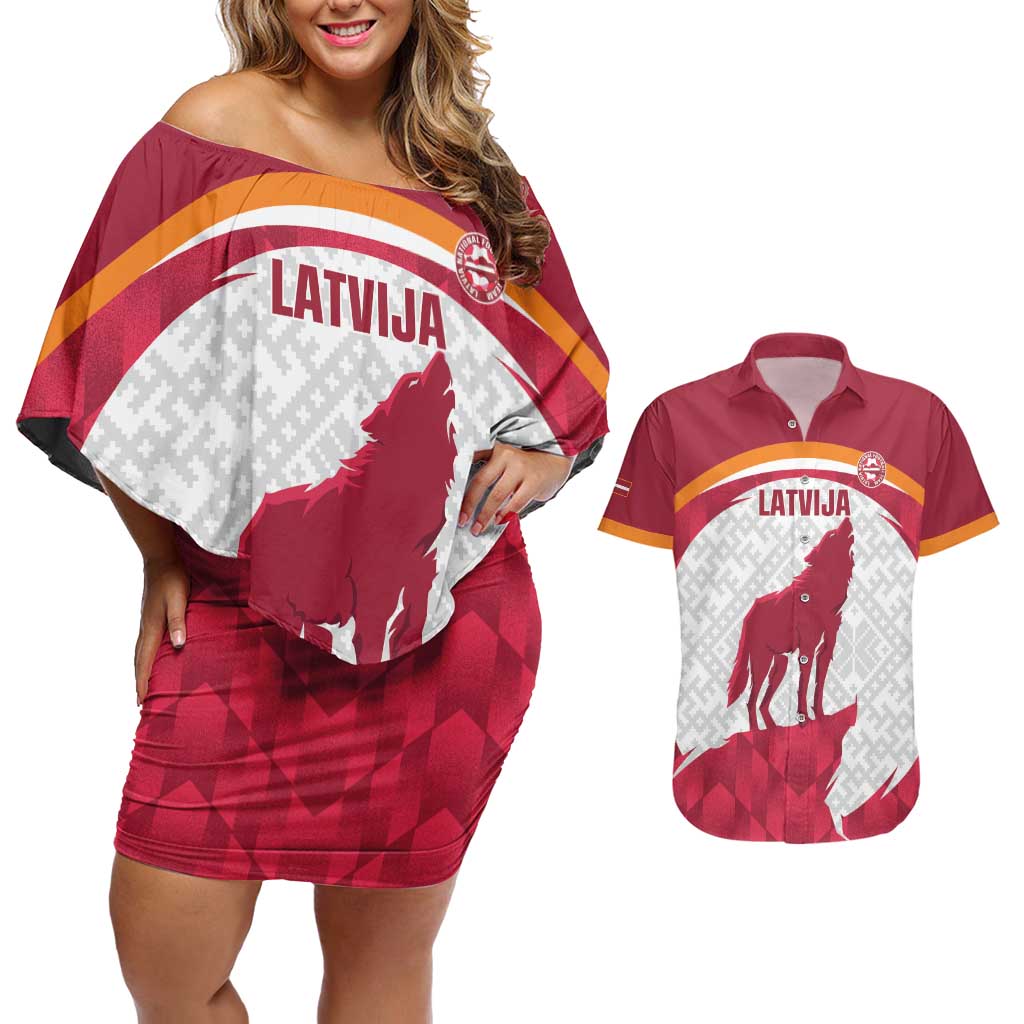 Custom Latvia Football Couples Matching Off Shoulder Short Dress and Hawaiian Shirt Go Wolves Latvija Folk Pattern