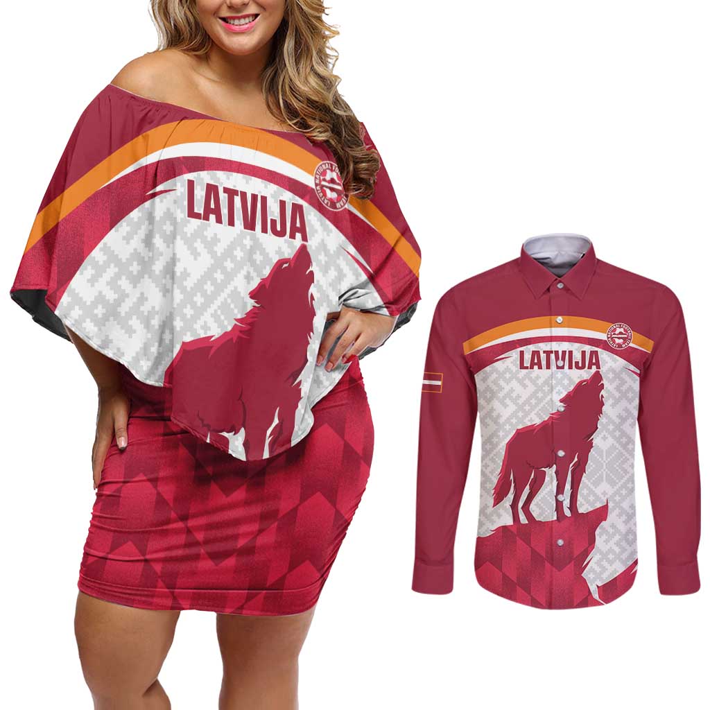 Custom Latvia Football Couples Matching Off Shoulder Short Dress and Long Sleeve Button Shirt Go Wolves Latvija Folk Pattern