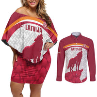 Custom Latvia Football Couples Matching Off Shoulder Short Dress and Long Sleeve Button Shirt Go Wolves Latvija Folk Pattern