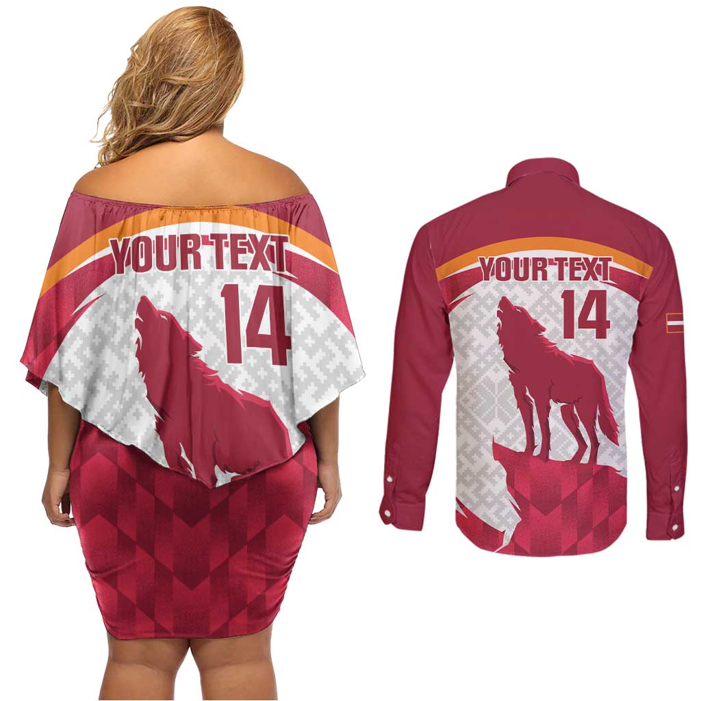 Custom Latvia Football Couples Matching Off Shoulder Short Dress and Long Sleeve Button Shirt Go Wolves Latvija Folk Pattern