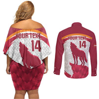 Custom Latvia Football Couples Matching Off Shoulder Short Dress and Long Sleeve Button Shirt Go Wolves Latvija Folk Pattern