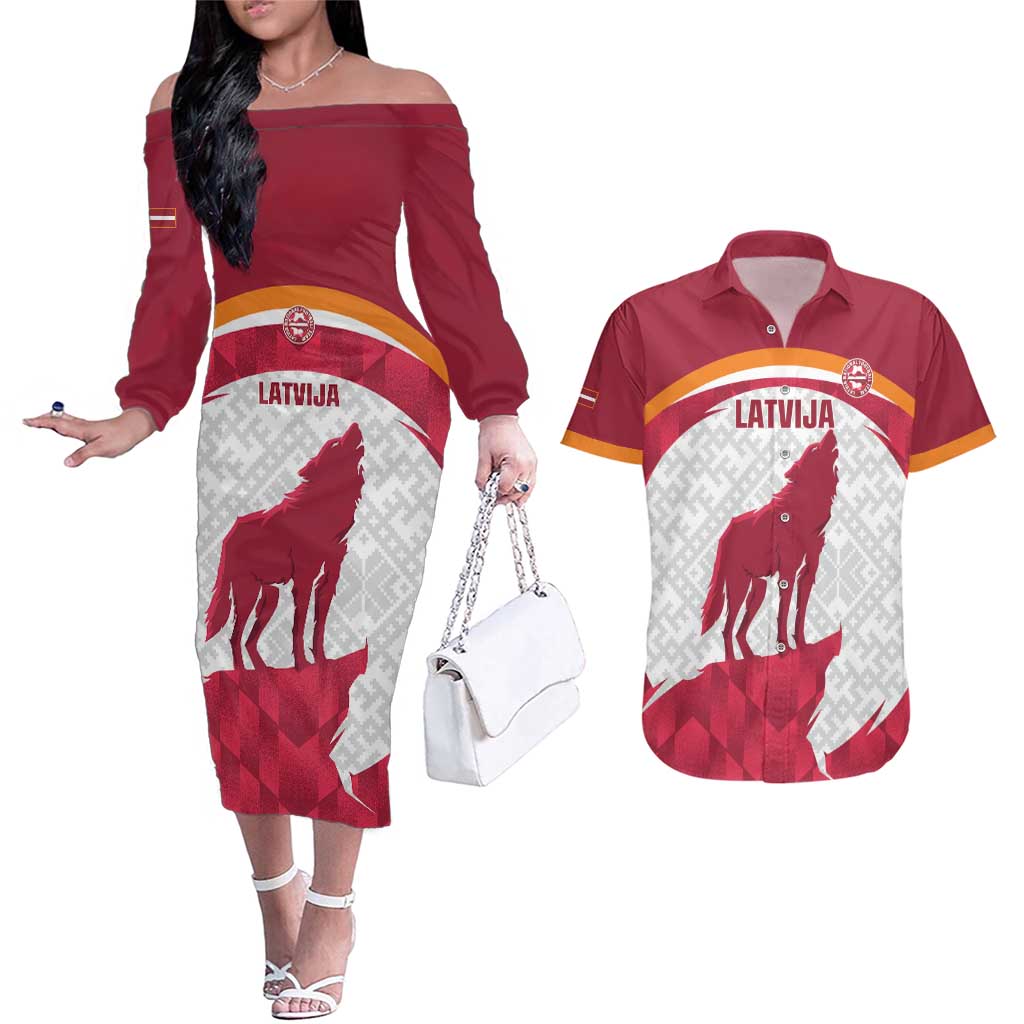 Custom Latvia Football Couples Matching Off The Shoulder Long Sleeve Dress and Hawaiian Shirt Go Wolves Latvija Folk Pattern