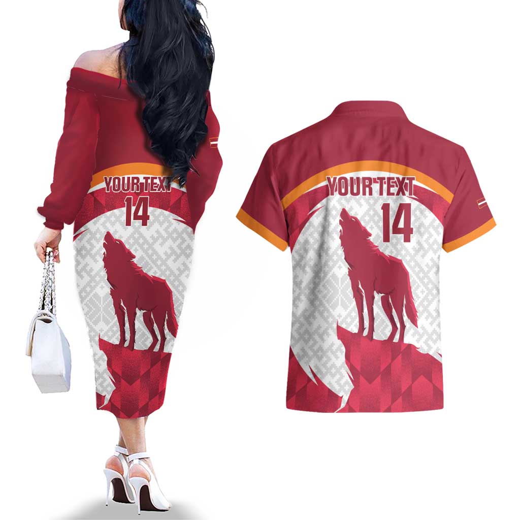 Custom Latvia Football Couples Matching Off The Shoulder Long Sleeve Dress and Hawaiian Shirt Go Wolves Latvija Folk Pattern