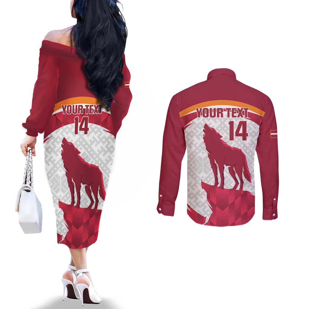 Custom Latvia Football Couples Matching Off The Shoulder Long Sleeve Dress and Long Sleeve Button Shirt Go Wolves Latvija Folk Pattern