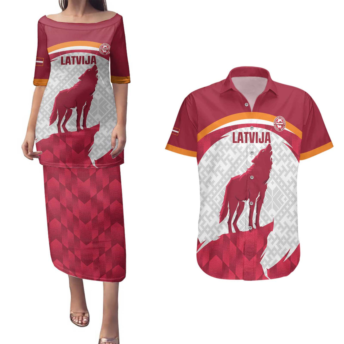 Custom Latvia Football Couples Matching Puletasi and Hawaiian Shirt Go Wolves Latvija Folk Pattern