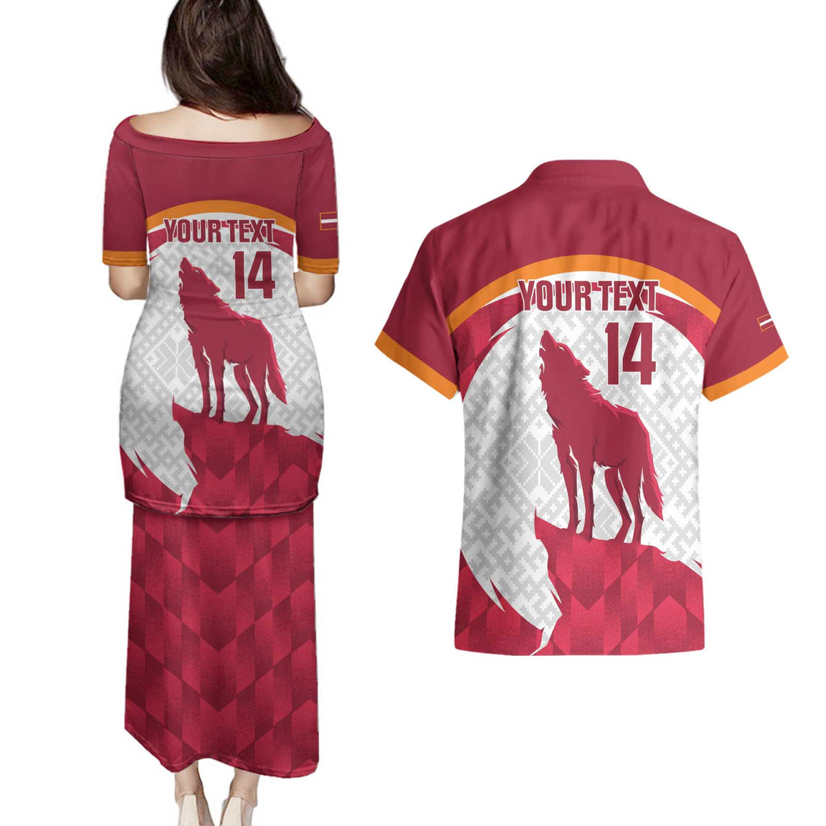 Custom Latvia Football Couples Matching Puletasi and Hawaiian Shirt Go Wolves Latvija Folk Pattern