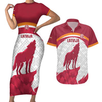 Custom Latvia Football Couples Matching Short Sleeve Bodycon Dress and Hawaiian Shirt Go Wolves Latvija Folk Pattern