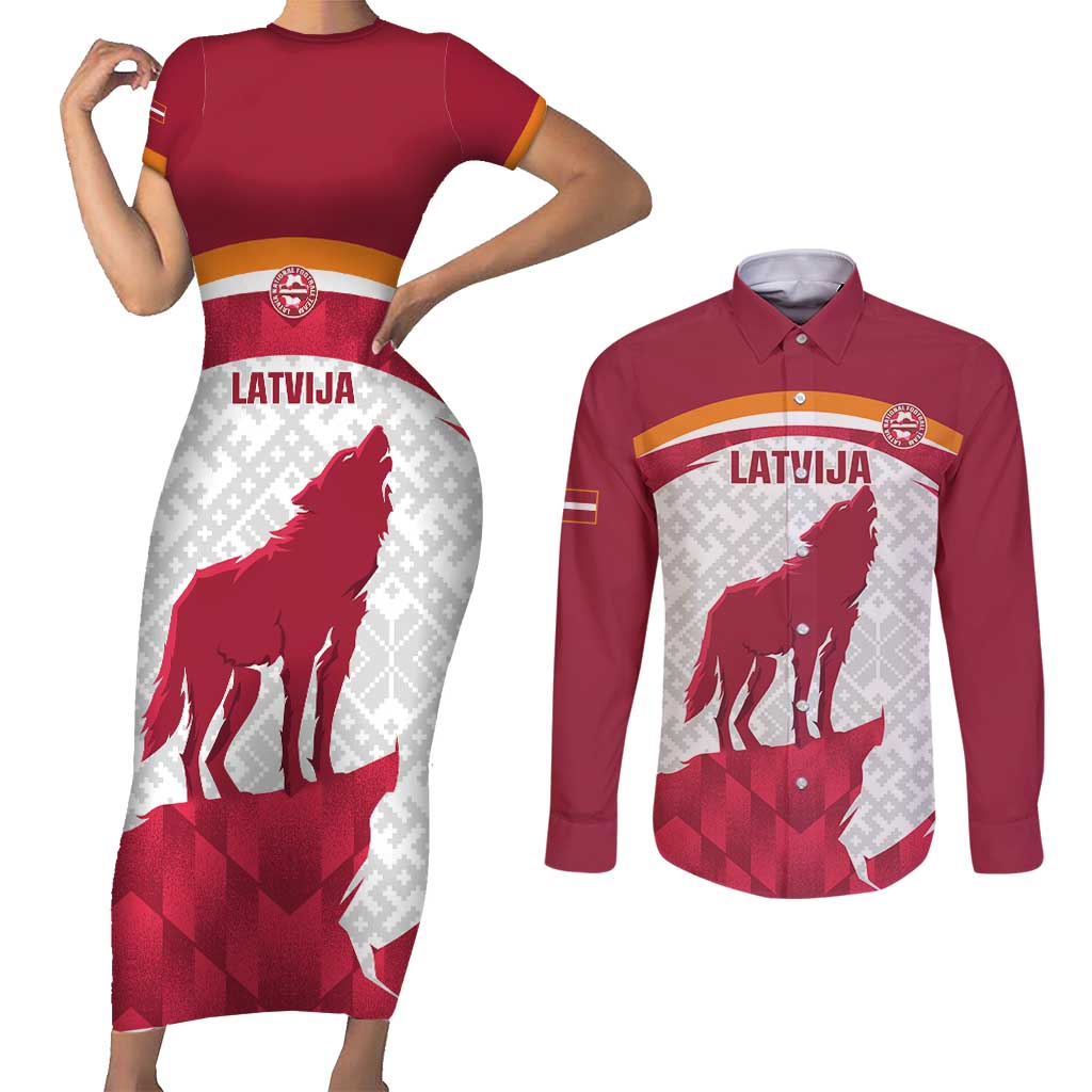 Custom Latvia Football Couples Matching Short Sleeve Bodycon Dress and Long Sleeve Button Shirt Go Wolves Latvija Folk Pattern