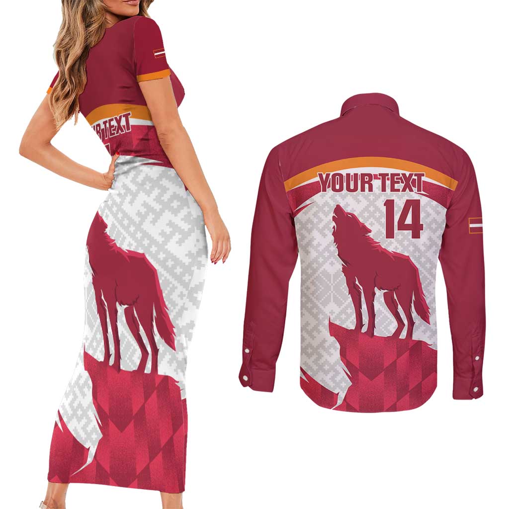 Custom Latvia Football Couples Matching Short Sleeve Bodycon Dress and Long Sleeve Button Shirt Go Wolves Latvija Folk Pattern