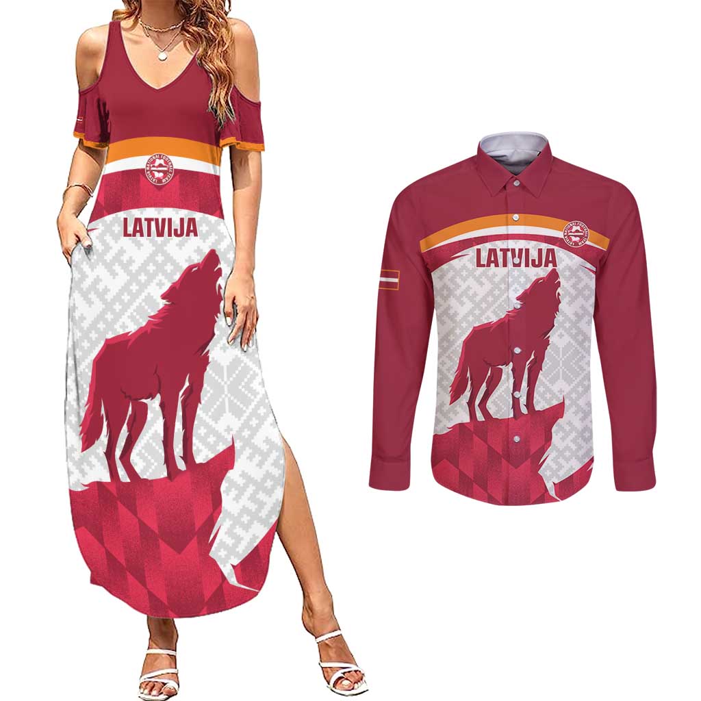 Custom Latvia Football Couples Matching Summer Maxi Dress and Long Sleeve Button Shirt Go Wolves Latvija Folk Pattern