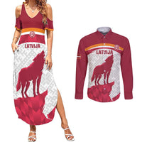 Custom Latvia Football Couples Matching Summer Maxi Dress and Long Sleeve Button Shirt Go Wolves Latvija Folk Pattern