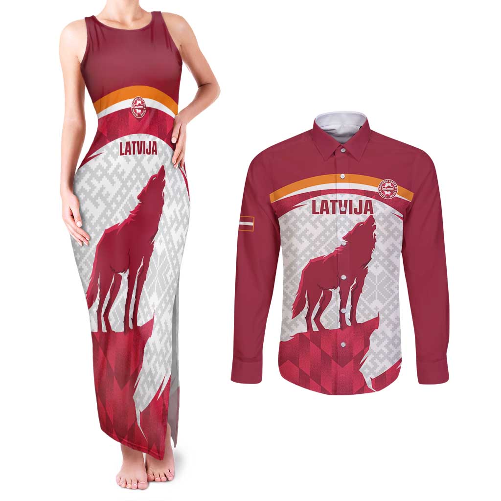 Custom Latvia Football Couples Matching Tank Maxi Dress and Long Sleeve Button Shirt Go Wolves Latvija Folk Pattern