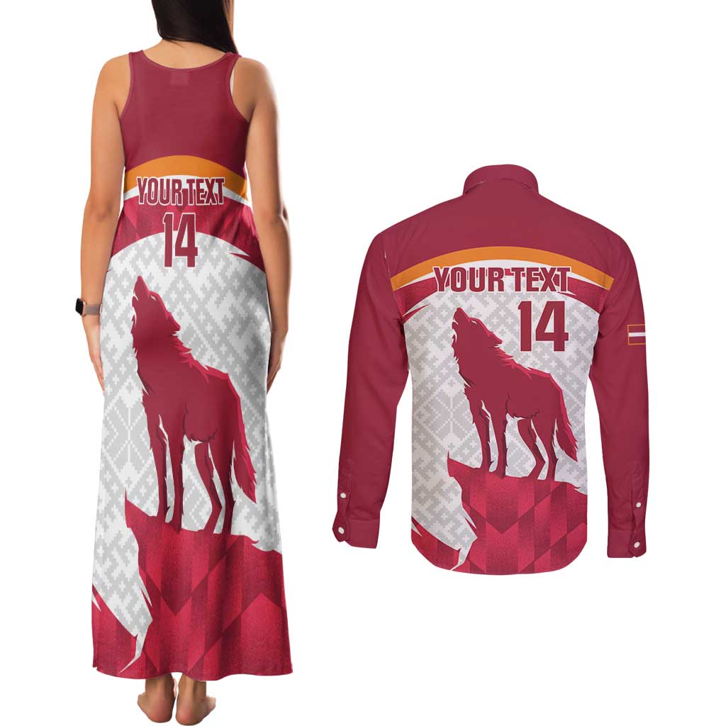 Custom Latvia Football Couples Matching Tank Maxi Dress and Long Sleeve Button Shirt Go Wolves Latvija Folk Pattern