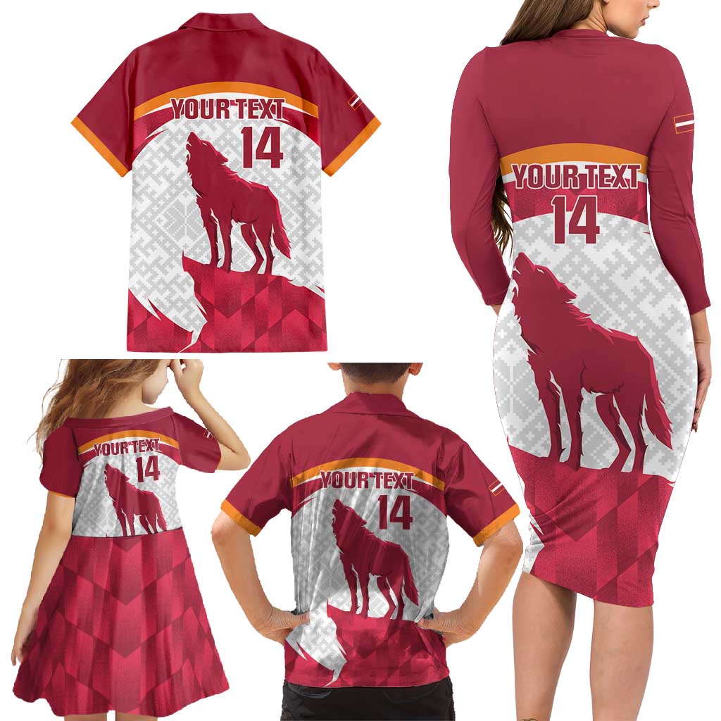 Custom Latvia Football Family Matching Long Sleeve Bodycon Dress and Hawaiian Shirt Go Wolves Latvija Folk Pattern