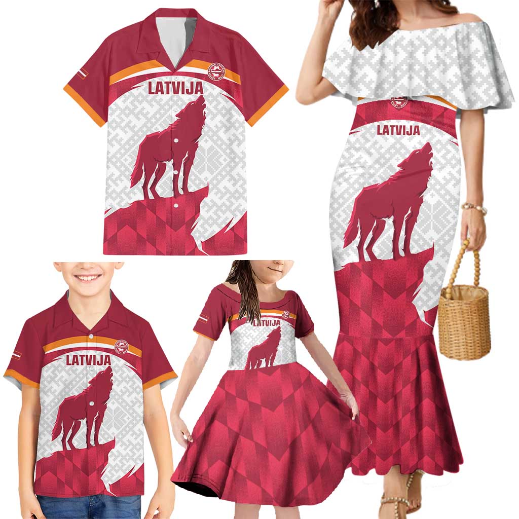 Custom Latvia Football Family Matching Mermaid Dress and Hawaiian Shirt Go Wolves Latvija Folk Pattern