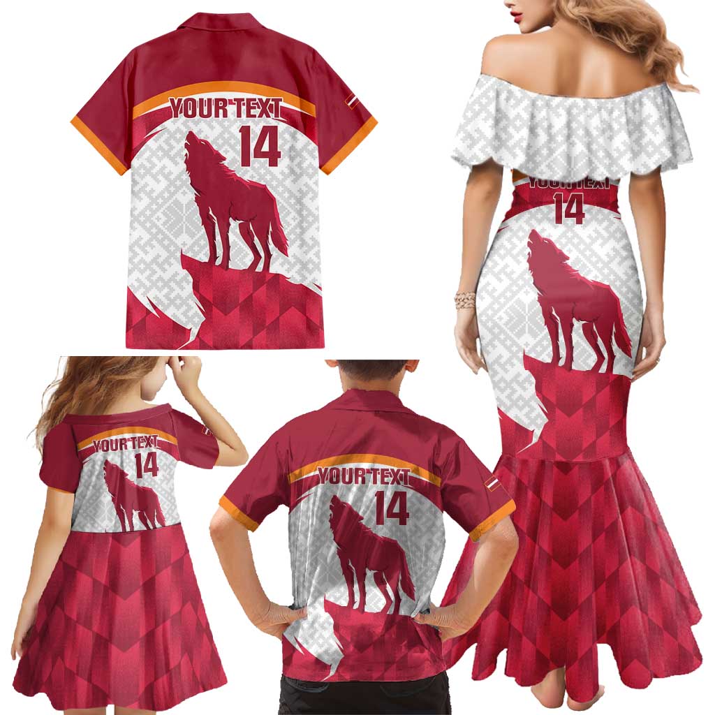 Custom Latvia Football Family Matching Mermaid Dress and Hawaiian Shirt Go Wolves Latvija Folk Pattern