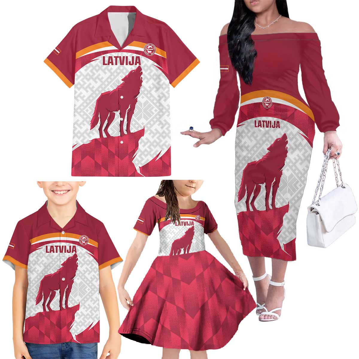 Custom Latvia Football Family Matching Off The Shoulder Long Sleeve Dress and Hawaiian Shirt Go Wolves Latvija Folk Pattern