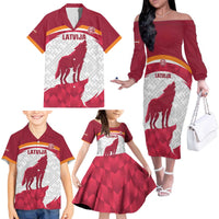 Custom Latvia Football Family Matching Off The Shoulder Long Sleeve Dress and Hawaiian Shirt Go Wolves Latvija Folk Pattern