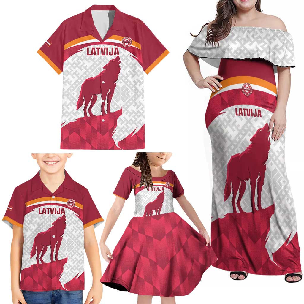 Custom Latvia Football Family Matching Off Shoulder Maxi Dress and Hawaiian Shirt Go Wolves Latvija Folk Pattern