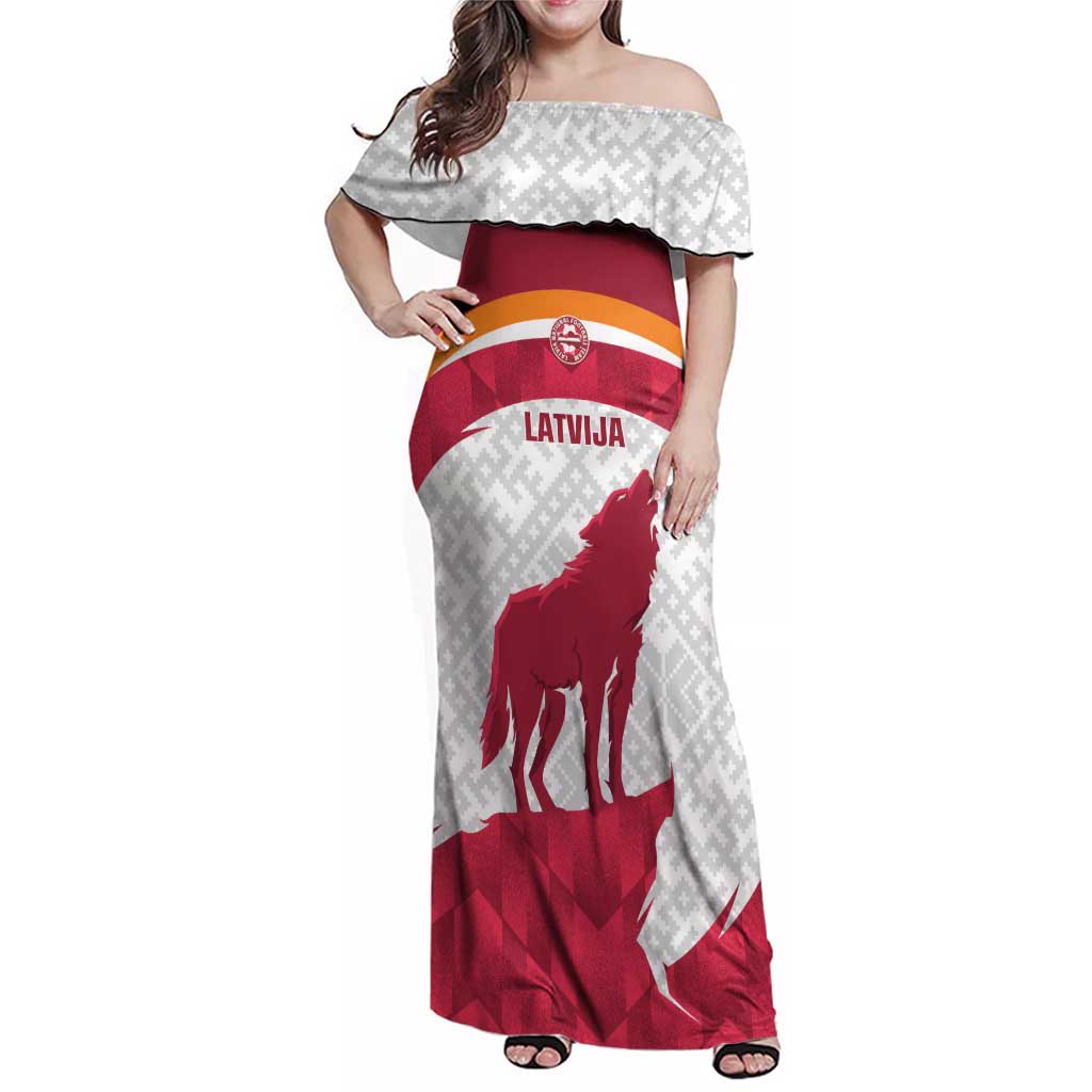 Custom Latvia Football Family Matching Off Shoulder Maxi Dress and Hawaiian Shirt Go Wolves Latvija Folk Pattern