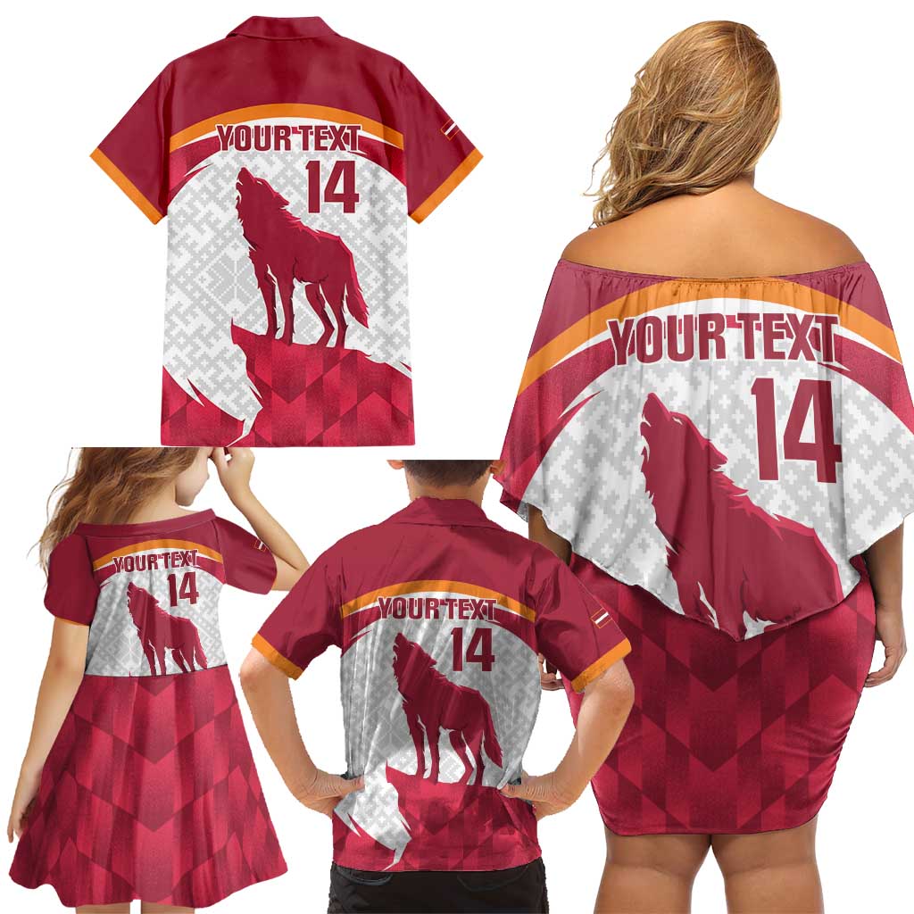 Custom Latvia Football Family Matching Off Shoulder Short Dress and Hawaiian Shirt Go Wolves Latvija Folk Pattern