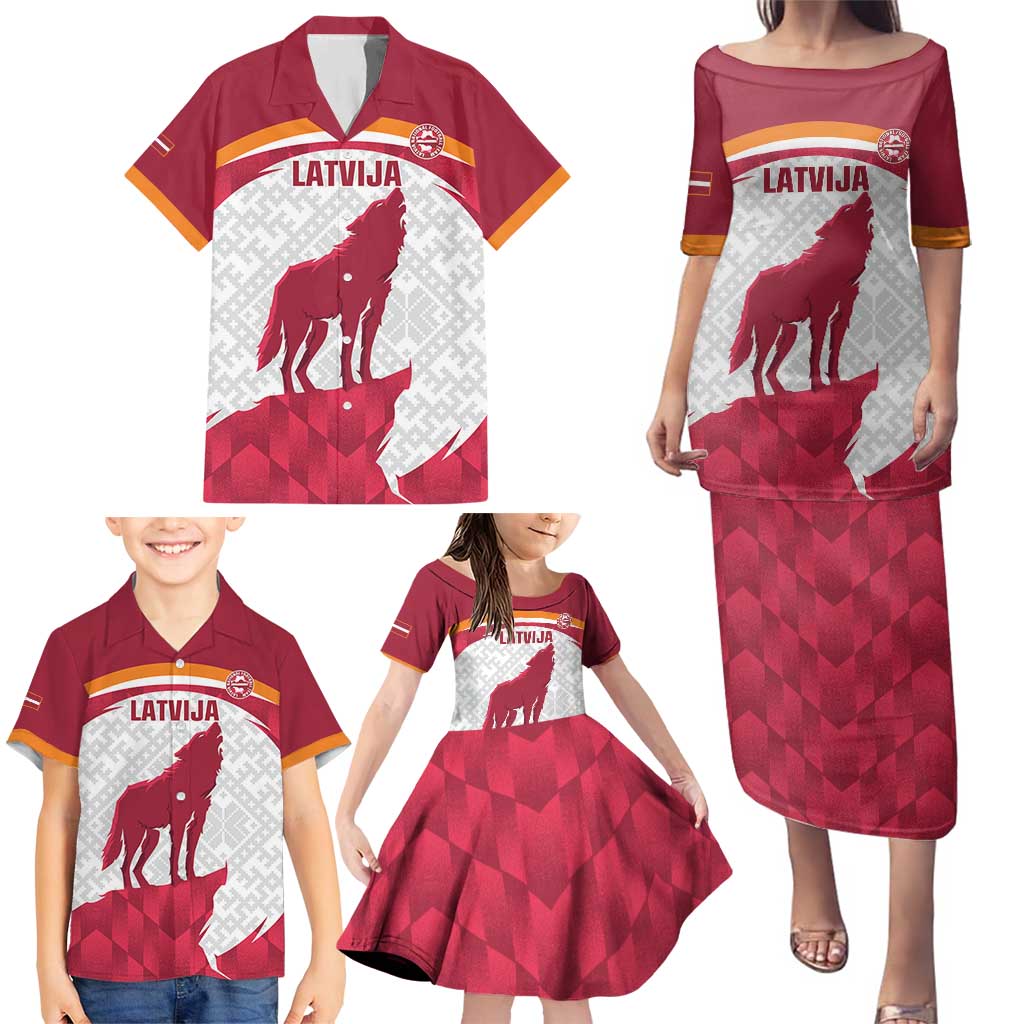 Custom Latvia Football Family Matching Puletasi and Hawaiian Shirt Go Wolves Latvija Folk Pattern