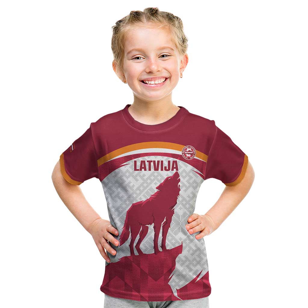 Custom Latvia Football Kid T Shirt Go Wolves Latvija Folk Pattern