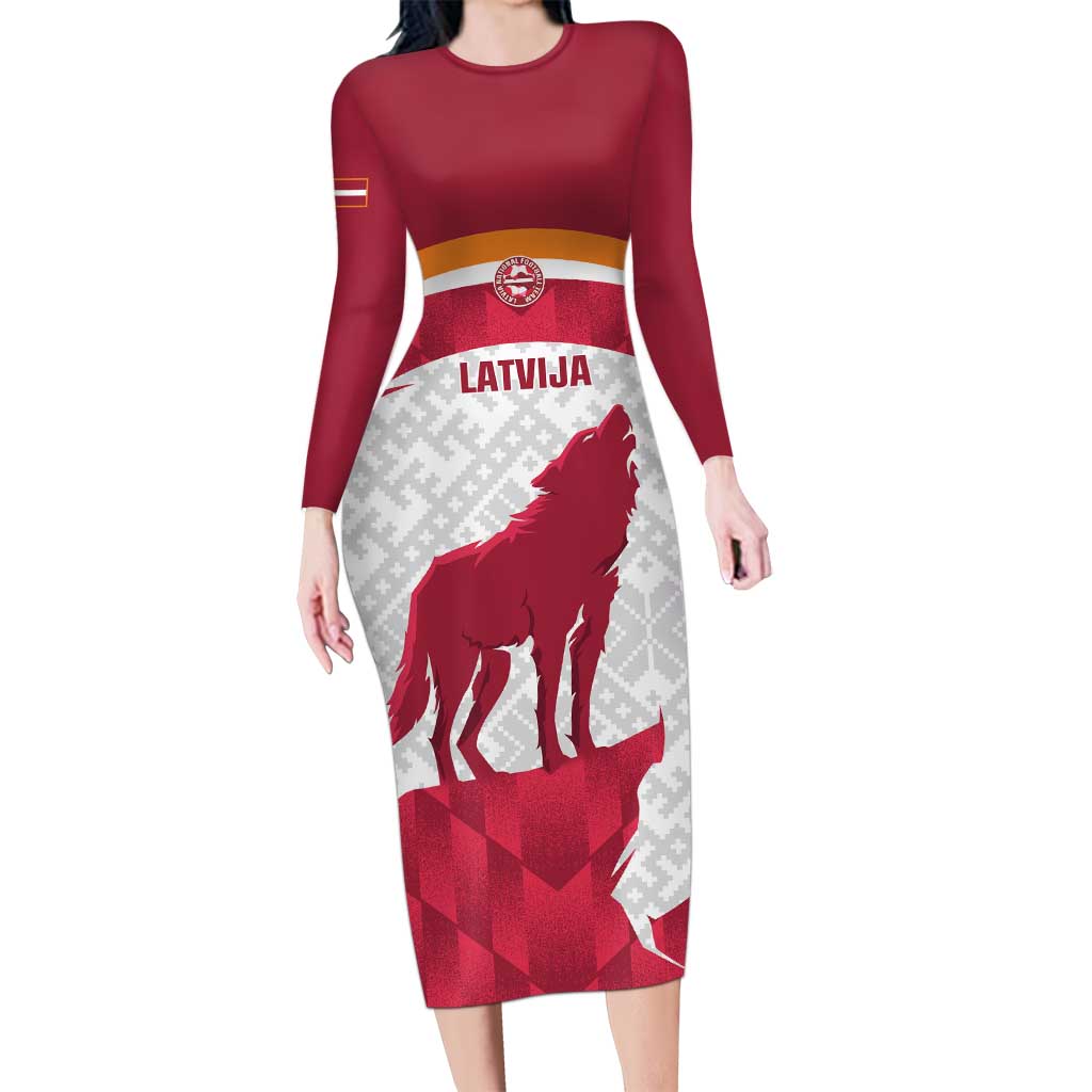 Custom Latvia Football Long Sleeve Bodycon Dress Go Wolves Latvija Folk Pattern