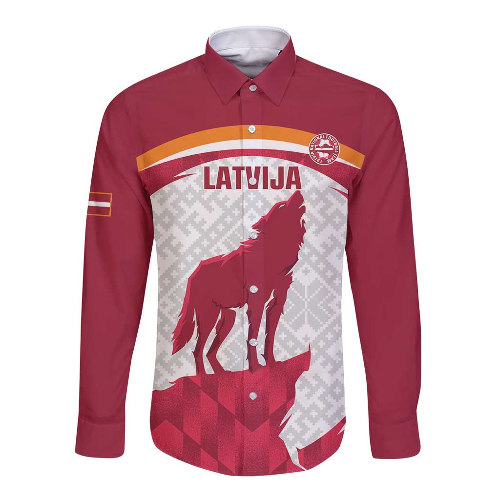 Custom Latvia Football Long Sleeve Button Shirt Go Wolves Latvija Folk Pattern