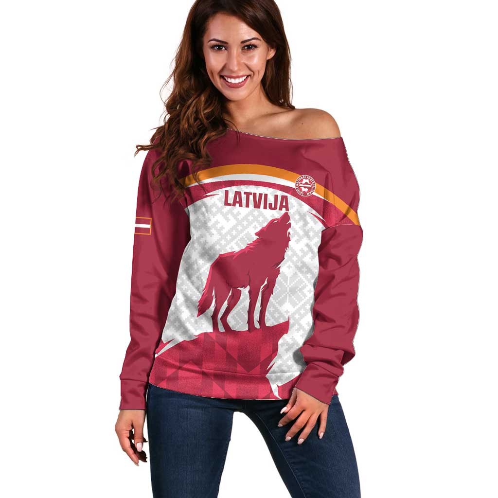 Custom Latvia Football Off Shoulder Sweater Go Wolves Latvija Folk Pattern