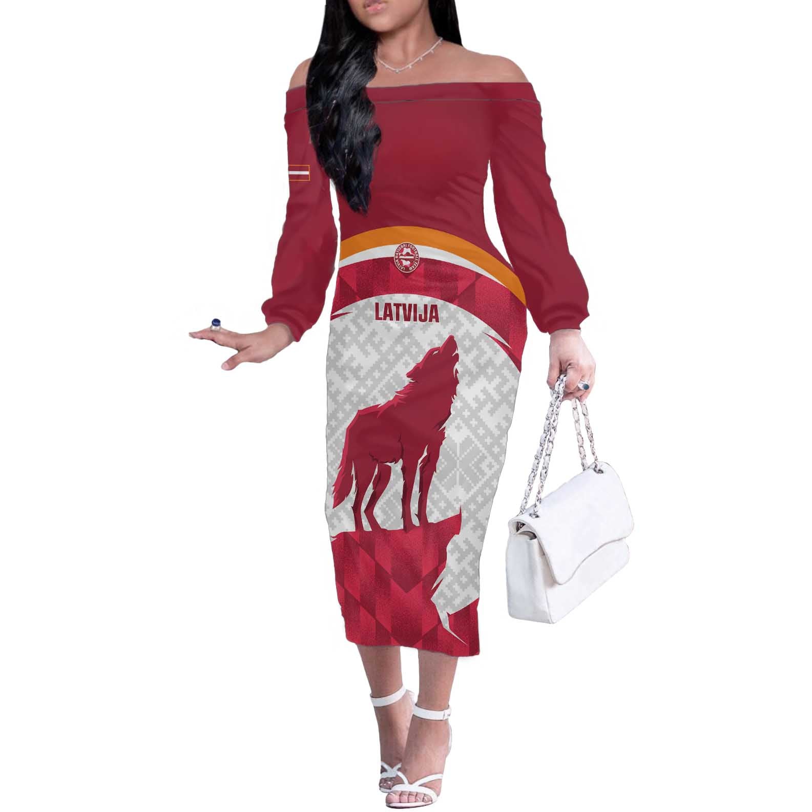 Custom Latvia Football Off The Shoulder Long Sleeve Dress Go Wolves Latvija Folk Pattern