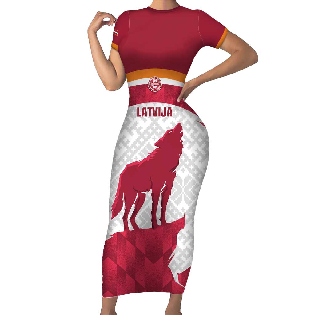 Custom Latvia Football Short Sleeve Bodycon Dress Go Wolves Latvija Folk Pattern