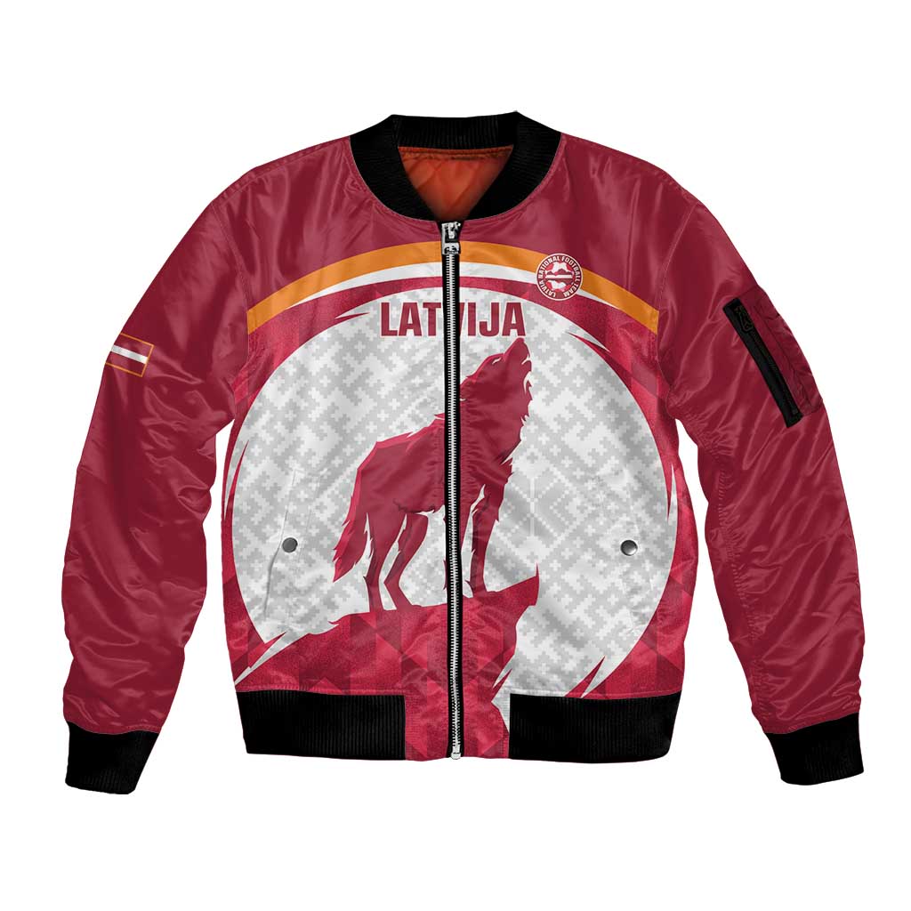 Custom Latvia Football Sleeve Zip Bomber Jacket Go Wolves Latvija Folk Pattern
