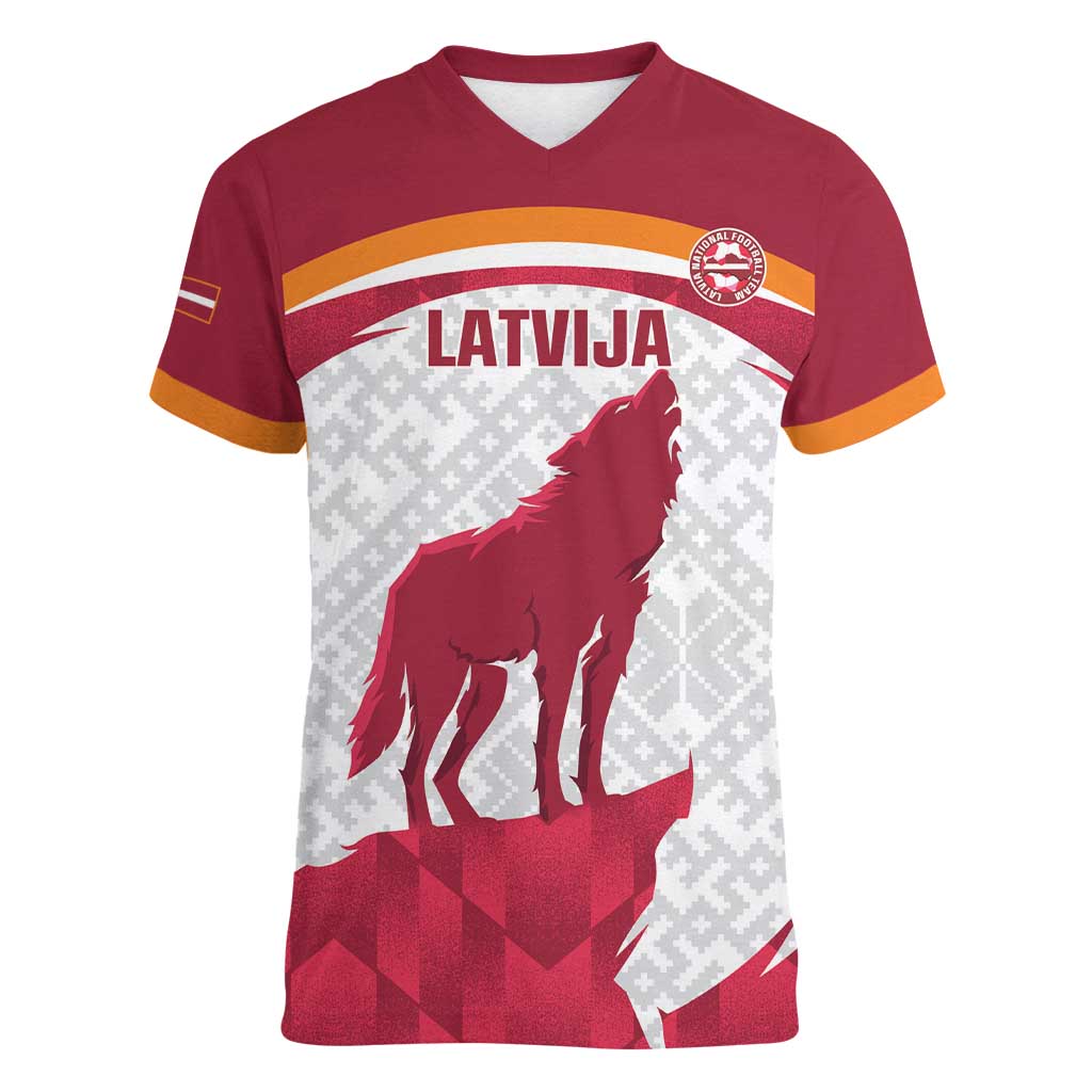 Custom Latvia Football Women V-Neck T-Shirt Go Wolves Latvija Folk Pattern