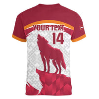 Custom Latvia Football Women V-Neck T-Shirt Go Wolves Latvija Folk Pattern
