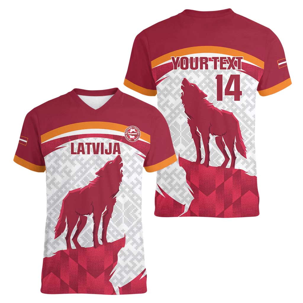 Custom Latvia Football Women V-Neck T-Shirt Go Wolves Latvija Folk Pattern
