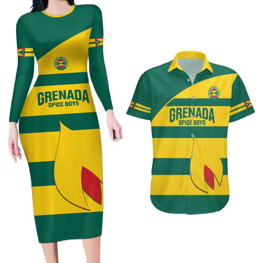 Custom Grenada Football Couples Matching Long Sleeve Bodycon Dress and Hawaiian Shirt Go Spice Boys Green Version