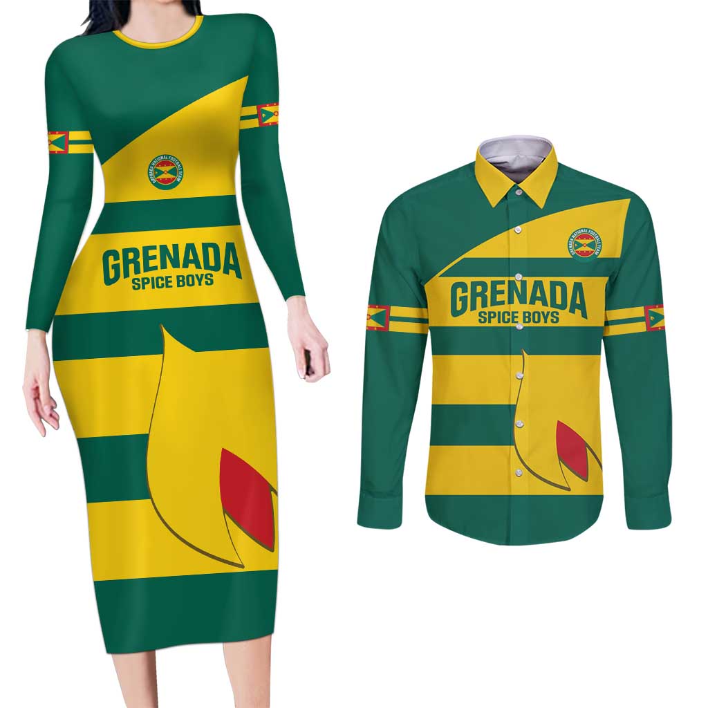 Custom Grenada Football Couples Matching Long Sleeve Bodycon Dress and Long Sleeve Button Shirt Go Spice Boys Green Version