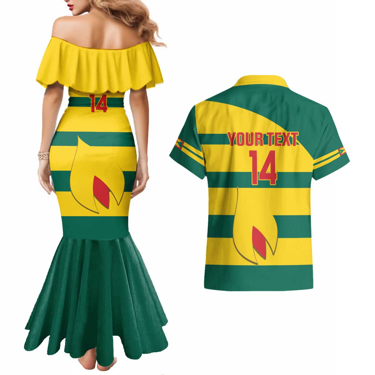 Custom Grenada Football Couples Matching Mermaid Dress and Hawaiian Shirt Go Spice Boys Green Version