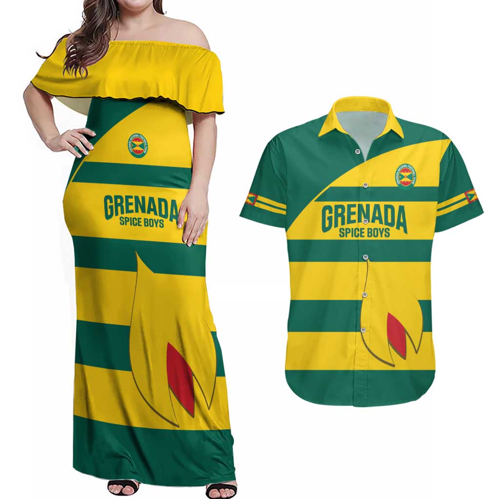 Custom Grenada Football Couples Matching Off Shoulder Maxi Dress and Hawaiian Shirt Go Spice Boys Green Version