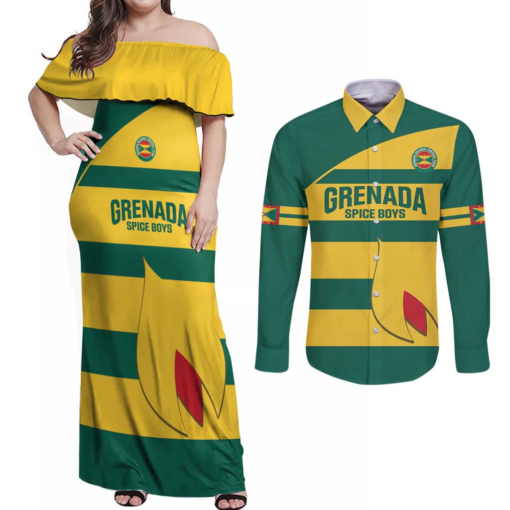 Custom Grenada Football Couples Matching Off Shoulder Maxi Dress and Long Sleeve Button Shirt Go Spice Boys Green Version
