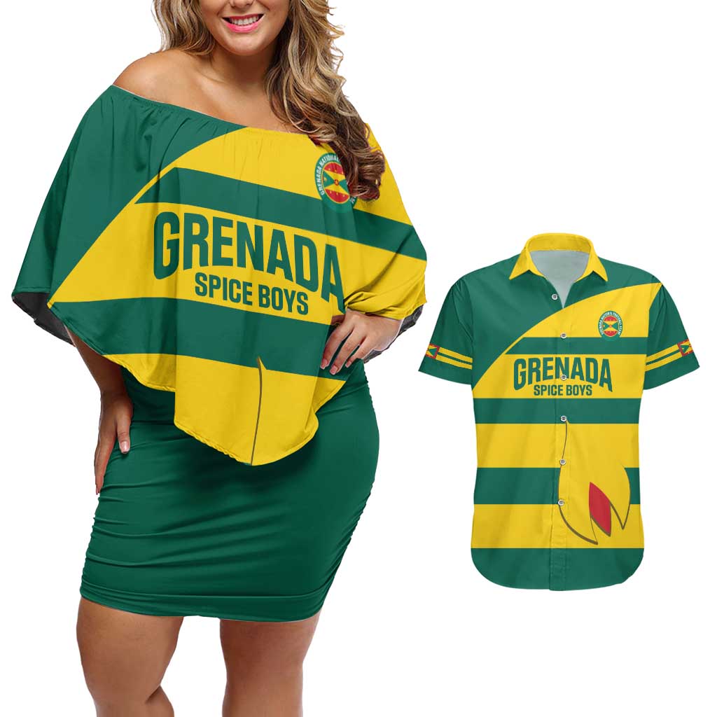 Custom Grenada Football Couples Matching Off Shoulder Short Dress and Hawaiian Shirt Go Spice Boys Green Version