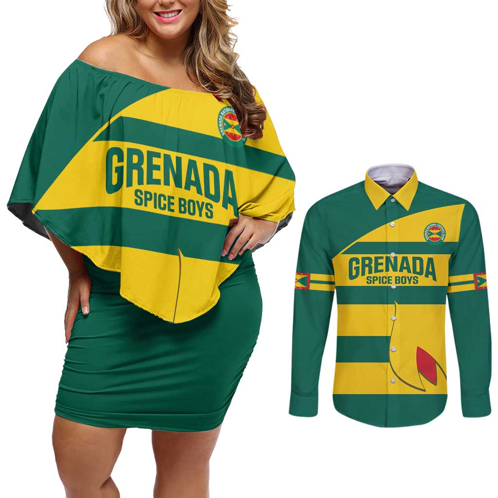 Custom Grenada Football Couples Matching Off Shoulder Short Dress and Long Sleeve Button Shirt Go Spice Boys Green Version